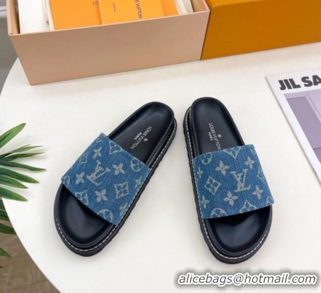 Duplicate Louis Vuitton Blue Monogram Denim Flat Slide Sandals with Wide Strap 426124