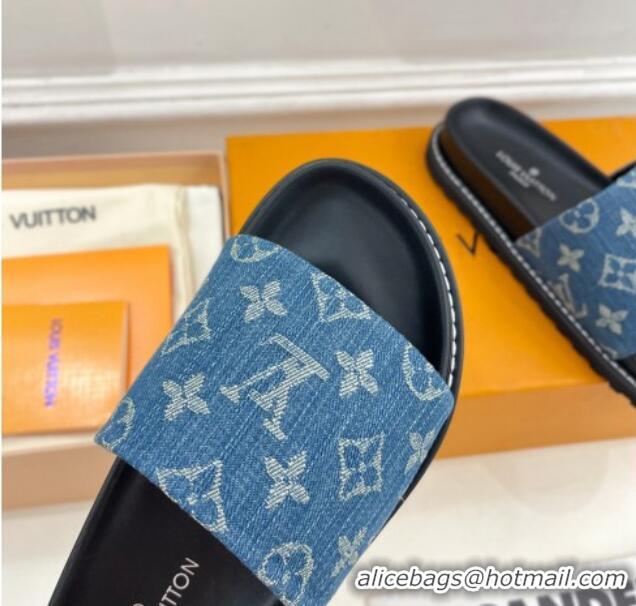 Duplicate Louis Vuitton Blue Monogram Denim Flat Slide Sandals with Wide Strap 426124