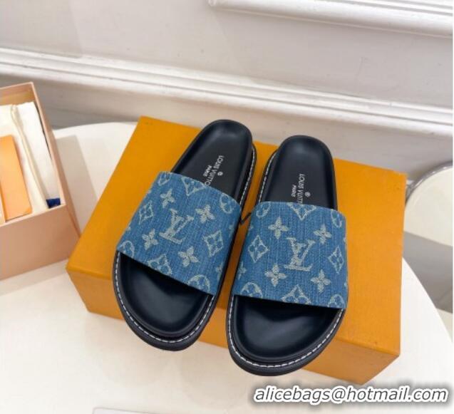 Duplicate Louis Vuitton Blue Monogram Denim Flat Slide Sandals with Wide Strap 426124