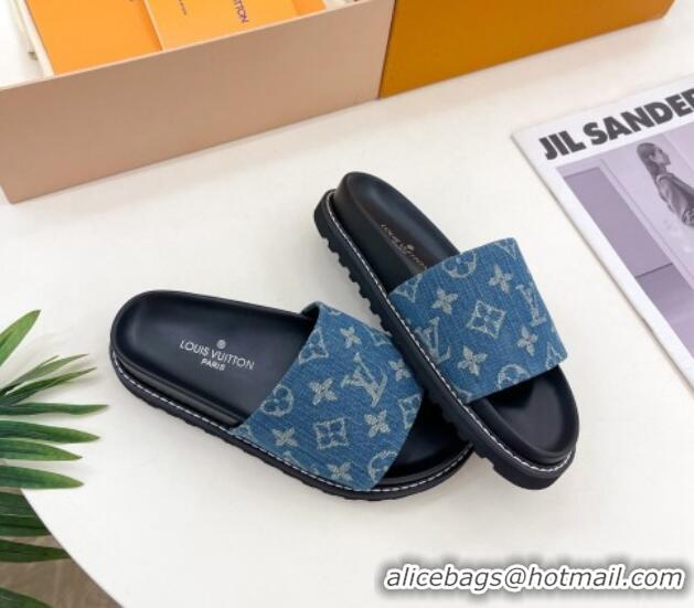 Duplicate Louis Vuitton Blue Monogram Denim Flat Slide Sandals with Wide Strap 426124