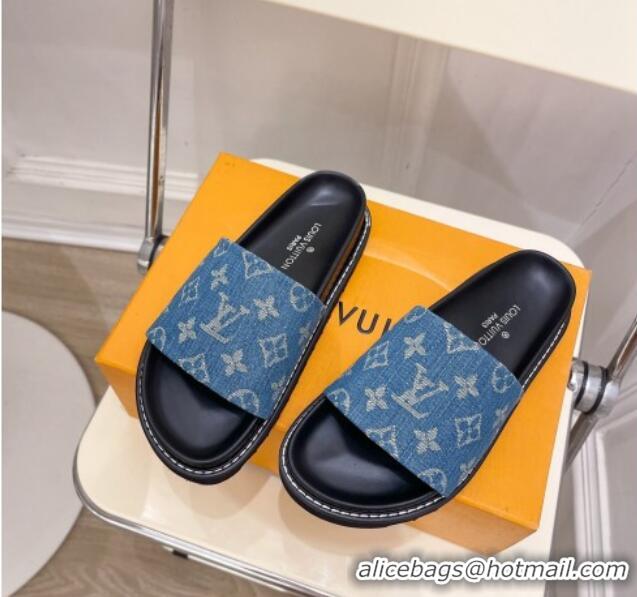 Duplicate Louis Vuitton Blue Monogram Denim Flat Slide Sandals with Wide Strap 426124