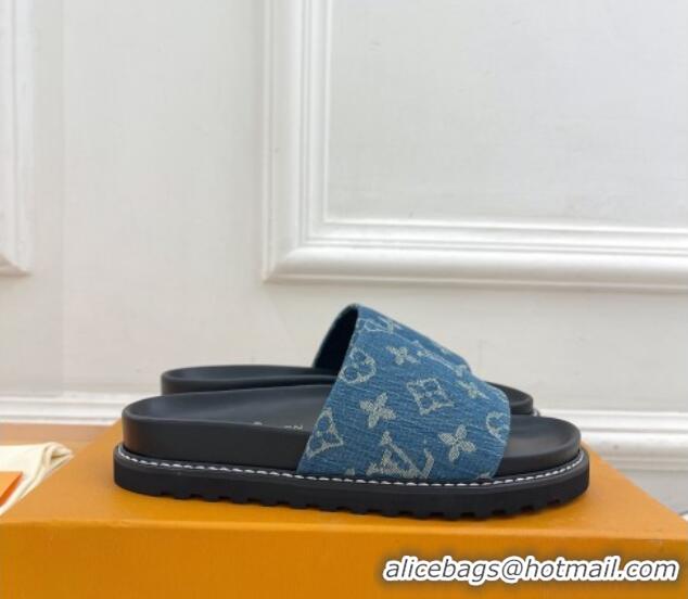 Duplicate Louis Vuitton Blue Monogram Denim Flat Slide Sandals with Wide Strap 426124