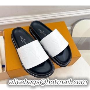 Buy Luxury Louis Vuitton Monogram Calfskin Flat Slide Sandals with Wide Strap White 426126