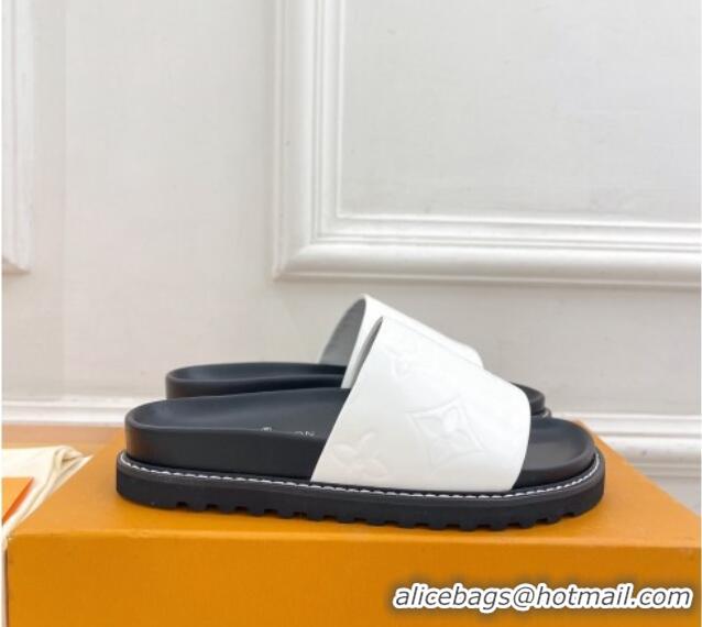 Buy Luxury Louis Vuitton Monogram Calfskin Flat Slide Sandals with Wide Strap White 426126