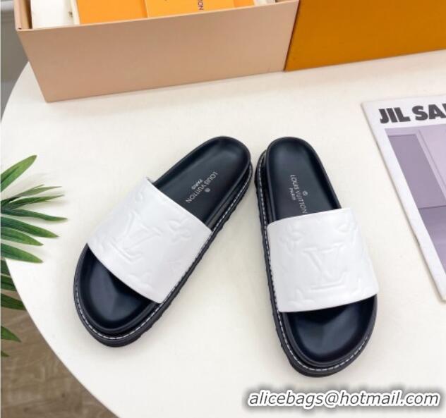 Buy Luxury Louis Vuitton Monogram Calfskin Flat Slide Sandals with Wide Strap White 426126