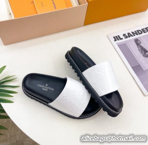 Buy Luxury Louis Vuitton Monogram Calfskin Flat Slide Sandals with Wide Strap White 426126