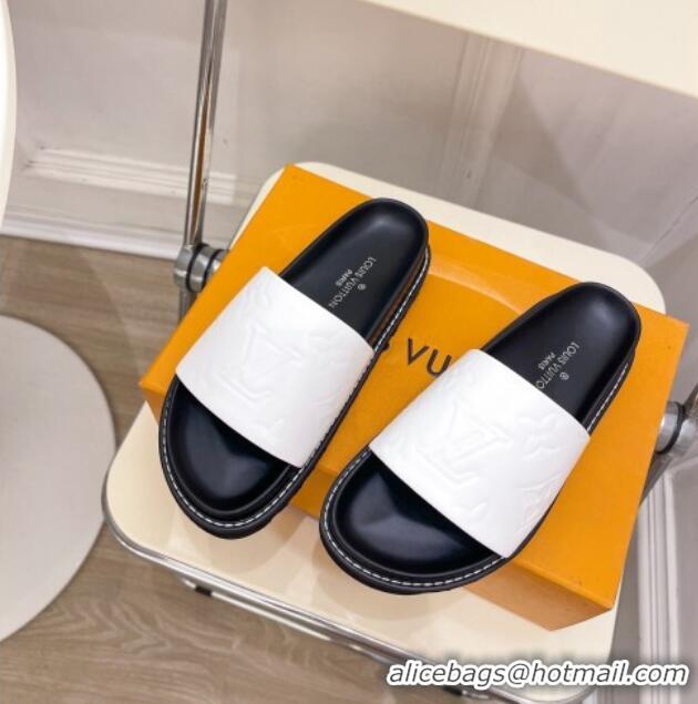 Buy Luxury Louis Vuitton Monogram Calfskin Flat Slide Sandals with Wide Strap White 426126