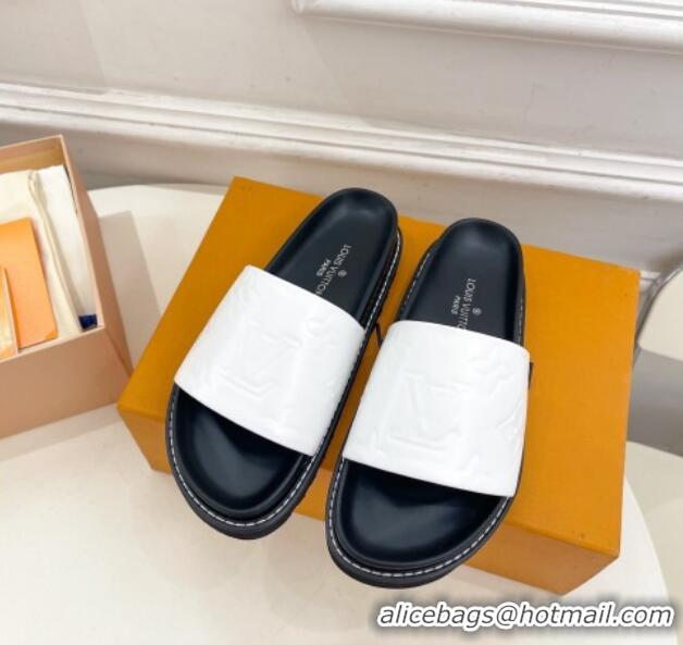 Buy Luxury Louis Vuitton Monogram Calfskin Flat Slide Sandals with Wide Strap White 426126