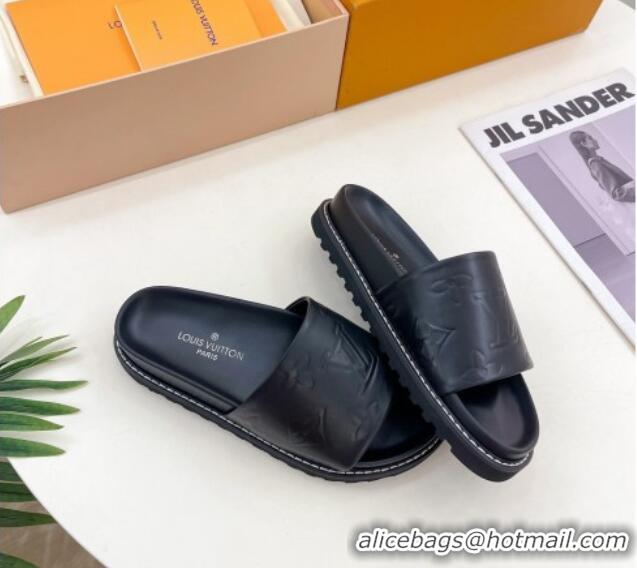 Perfect Louis Vuitton Monogram Calfskin Flat Slide Sandals with Wide Strap Black 426127