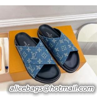 Grade Quality Louis Vuitton Blue Monogram Denim Flat Slide Sandals with Cross Strap 426128