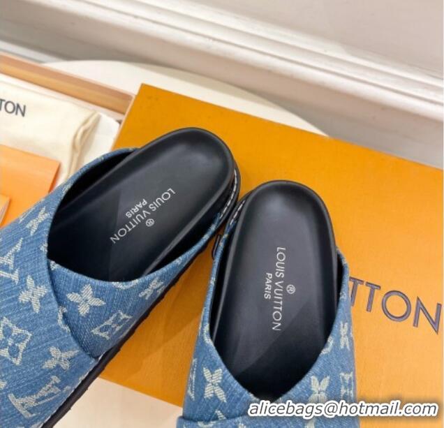 Grade Quality Louis Vuitton Blue Monogram Denim Flat Slide Sandals with Cross Strap 426128