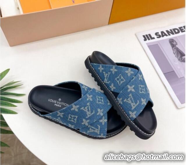 Grade Quality Louis Vuitton Blue Monogram Denim Flat Slide Sandals with Cross Strap 426128