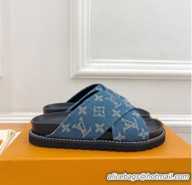 Grade Quality Louis Vuitton Blue Monogram Denim Flat Slide Sandals with Cross Strap 426128