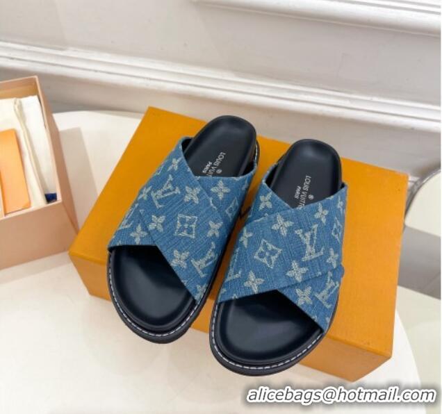 Grade Quality Louis Vuitton Blue Monogram Denim Flat Slide Sandals with Cross Strap 426128