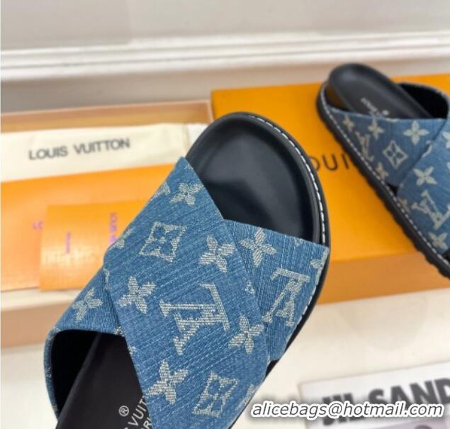 Grade Quality Louis Vuitton Blue Monogram Denim Flat Slide Sandals with Cross Strap 426128