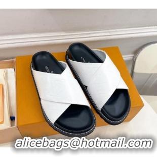 Purchase Louis Vuitton Monogram Calfskin Flat Slide Sandals with Cross Strap White 426130