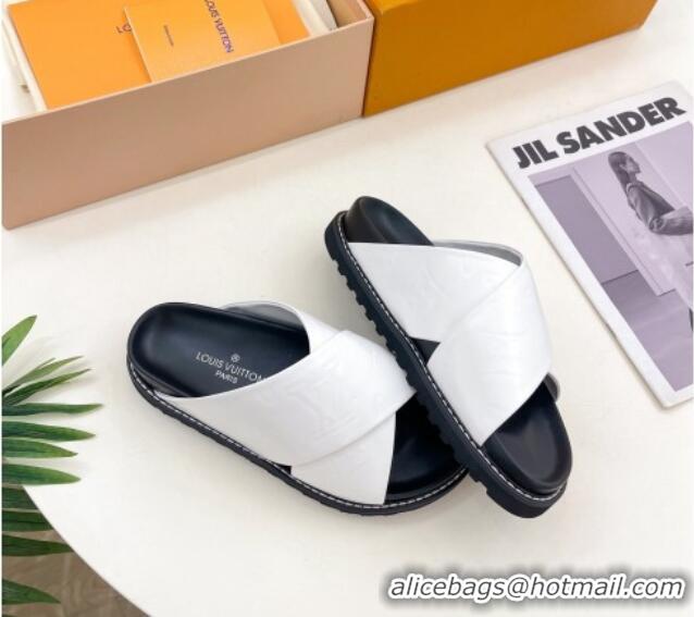 Purchase Louis Vuitton Monogram Calfskin Flat Slide Sandals with Cross Strap White 426130