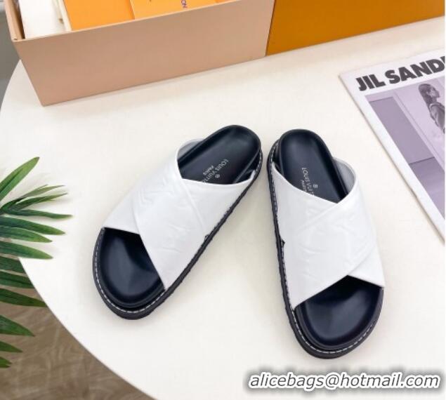 Purchase Louis Vuitton Monogram Calfskin Flat Slide Sandals with Cross Strap White 426130