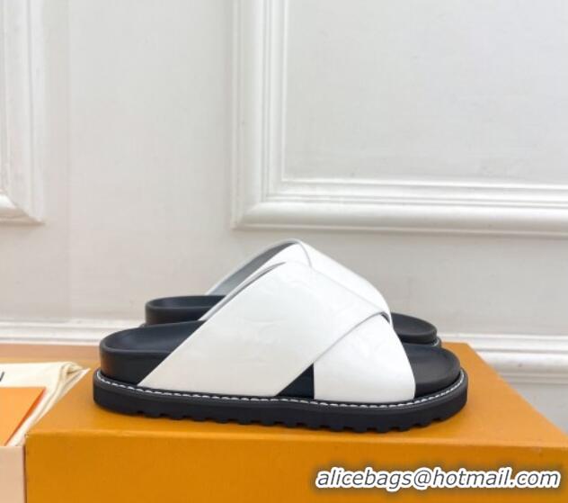 Purchase Louis Vuitton Monogram Calfskin Flat Slide Sandals with Cross Strap White 426130