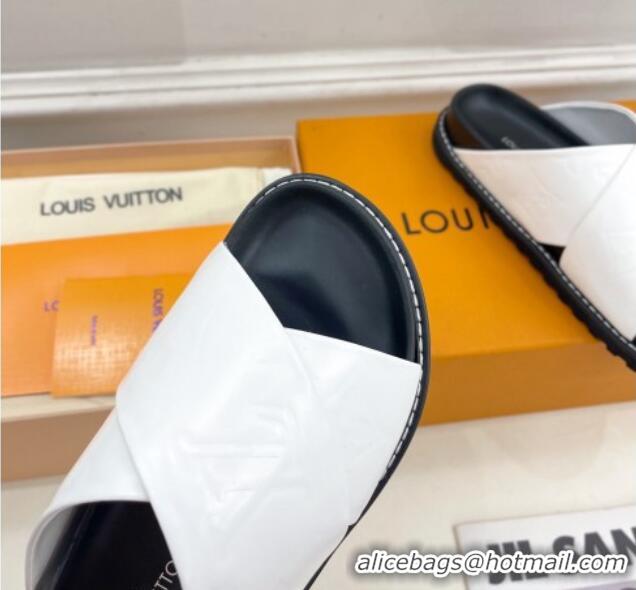 Purchase Louis Vuitton Monogram Calfskin Flat Slide Sandals with Cross Strap White 426130