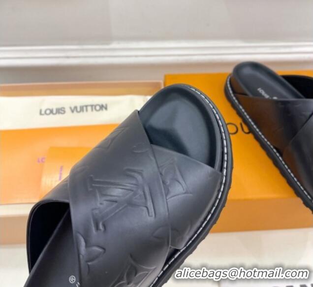 Buy Discount Louis Vuitton Monogram Calfskin Flat Slide Sandals with Cross Strap Black 426131