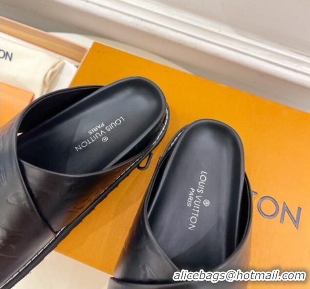 Buy Discount Louis Vuitton Monogram Calfskin Flat Slide Sandals with Cross Strap Black 426131