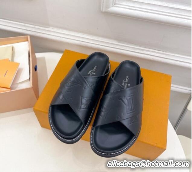 Buy Discount Louis Vuitton Monogram Calfskin Flat Slide Sandals with Cross Strap Black 426131