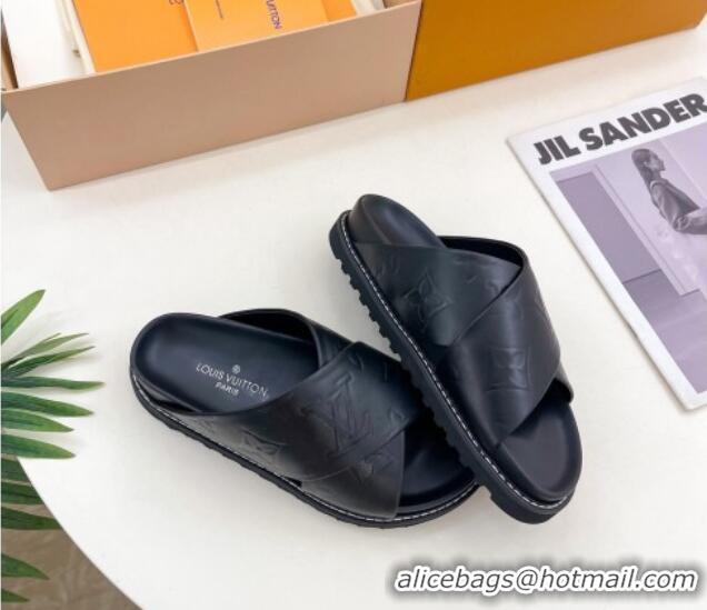 Buy Discount Louis Vuitton Monogram Calfskin Flat Slide Sandals with Cross Strap Black 426131