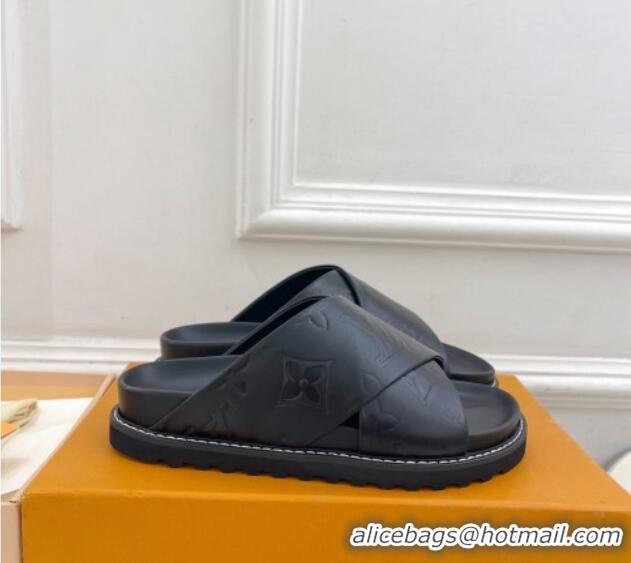 Buy Discount Louis Vuitton Monogram Calfskin Flat Slide Sandals with Cross Strap Black 426131