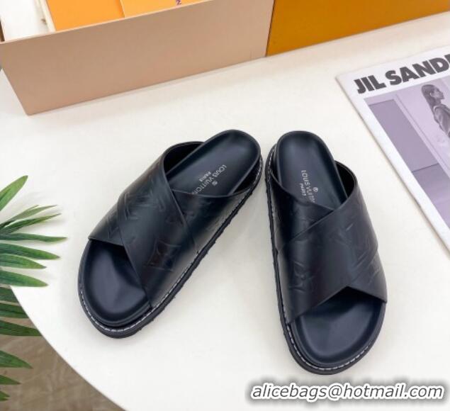 Buy Discount Louis Vuitton Monogram Calfskin Flat Slide Sandals with Cross Strap Black 426131