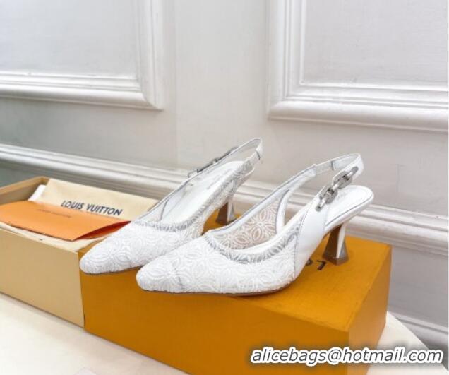 Top Grade Louis Vuitton Sparkle Slingback Pumps 6.5cm in Monogram Flowers Lace White 426133