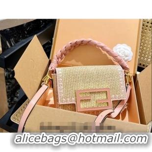 Low Cost Fendi Baguette Medium Flap Bag in Straw 0513 Pink 2024