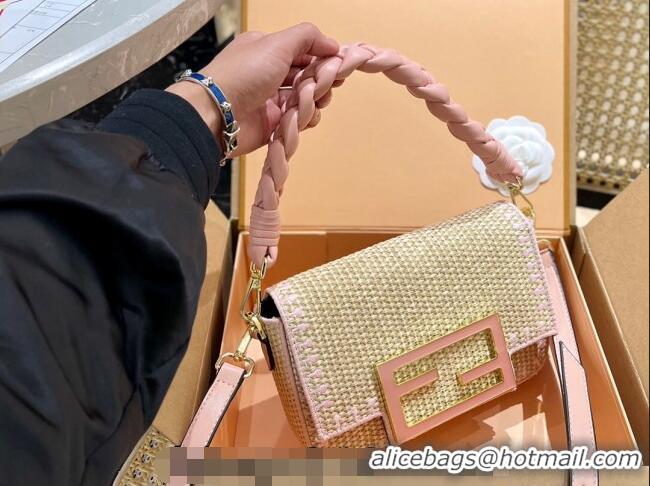 Low Cost Fendi Baguette Medium Flap Bag in Straw 0513 Pink 2024