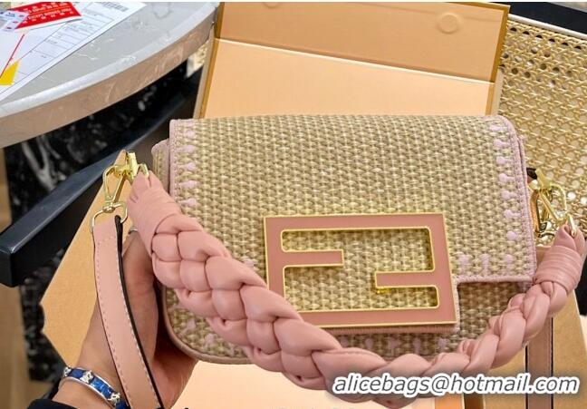 Low Cost Fendi Baguette Medium Flap Bag in Straw 0513 Pink 2024