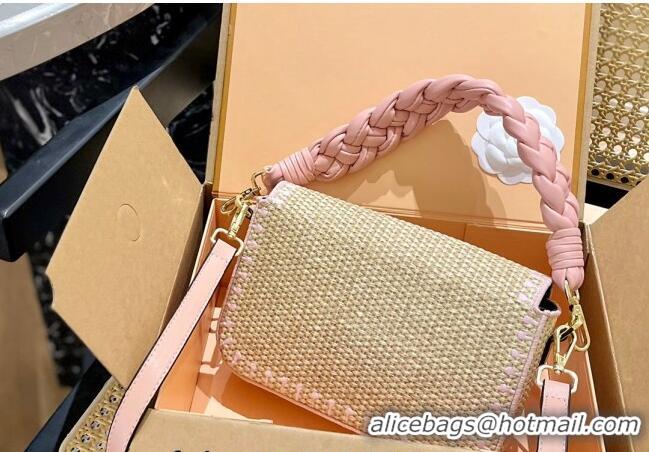 Low Cost Fendi Baguette Medium Flap Bag in Straw 0513 Pink 2024