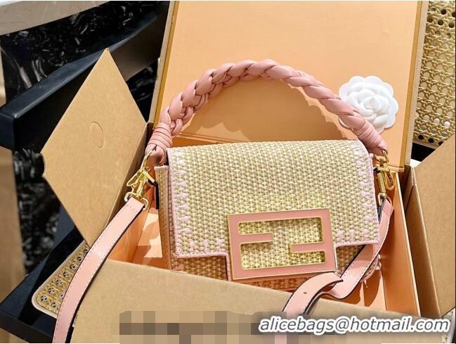 Low Cost Fendi Baguette Medium Flap Bag in Straw 0513 Pink 2024