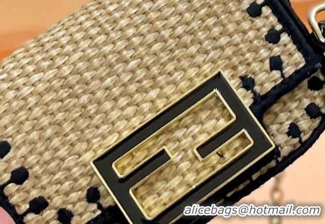 Top Quality Fendi Baguette Mini Flap Bag in Straw 0513 Black 2024