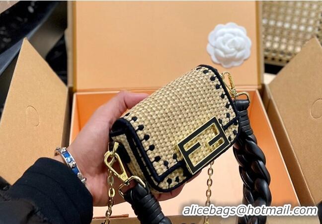 Top Quality Fendi Baguette Mini Flap Bag in Straw 0513 Black 2024