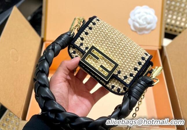 Top Quality Fendi Baguette Mini Flap Bag in Straw 0513 Black 2024