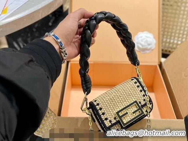 Top Quality Fendi Baguette Mini Flap Bag in Straw 0513 Black 2024