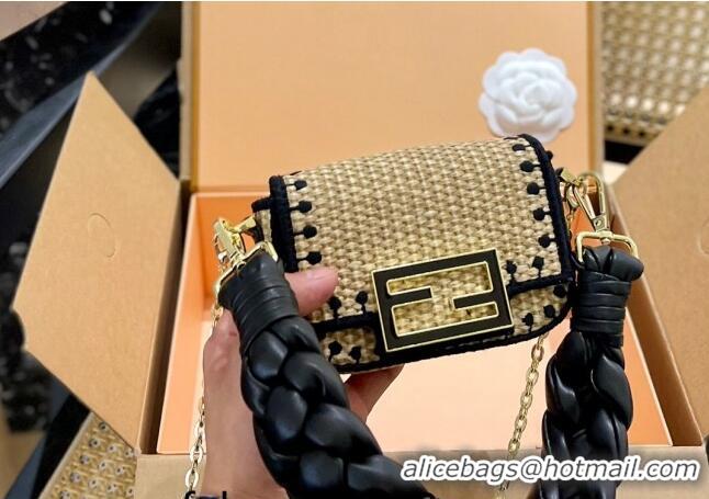 Top Quality Fendi Baguette Mini Flap Bag in Straw 0513 Black 2024