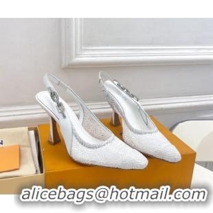 Grade Quality Louis Vuitton Sparkle Slingback Pumps 9.5cm in Monogram Flowers Lace White 426136