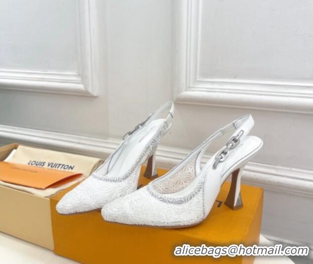 Grade Quality Louis Vuitton Sparkle Slingback Pumps 9.5cm in Monogram Flowers Lace White 426136