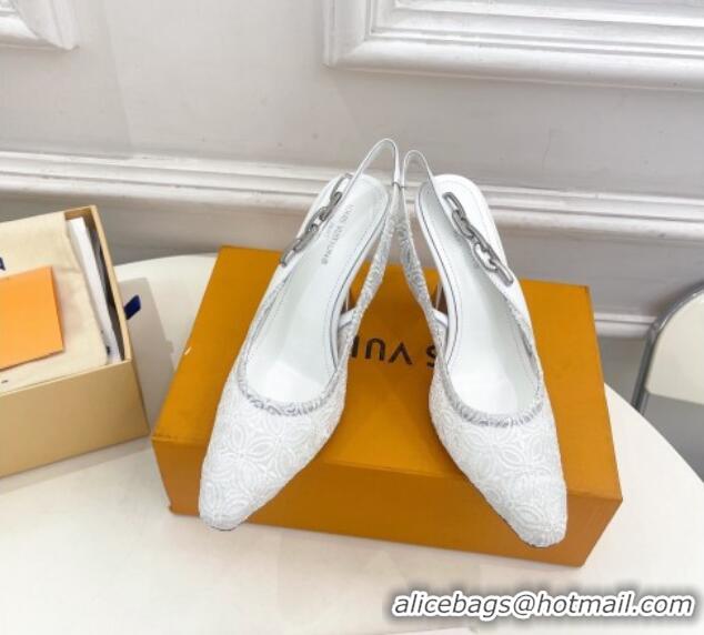 Grade Quality Louis Vuitton Sparkle Slingback Pumps 9.5cm in Monogram Flowers Lace White 426136