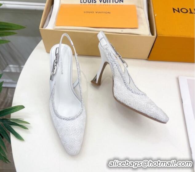 Grade Quality Louis Vuitton Sparkle Slingback Pumps 9.5cm in Monogram Flowers Lace White 426136