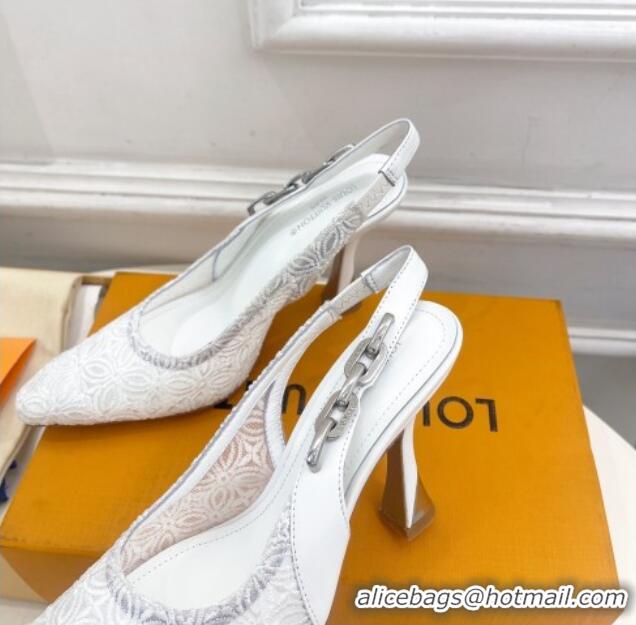 Grade Quality Louis Vuitton Sparkle Slingback Pumps 9.5cm in Monogram Flowers Lace White 426136