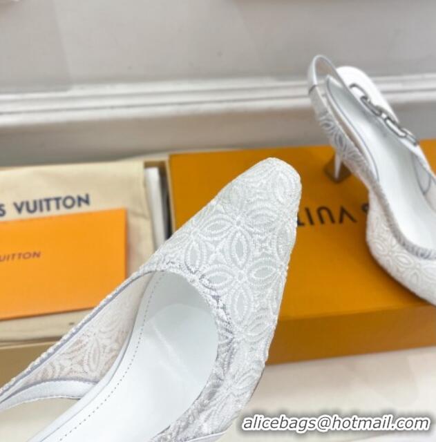 Grade Quality Louis Vuitton Sparkle Slingback Pumps 9.5cm in Monogram Flowers Lace White 426136