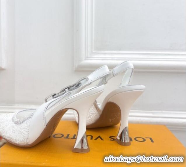 Grade Quality Louis Vuitton Sparkle Slingback Pumps 9.5cm in Monogram Flowers Lace White 426136