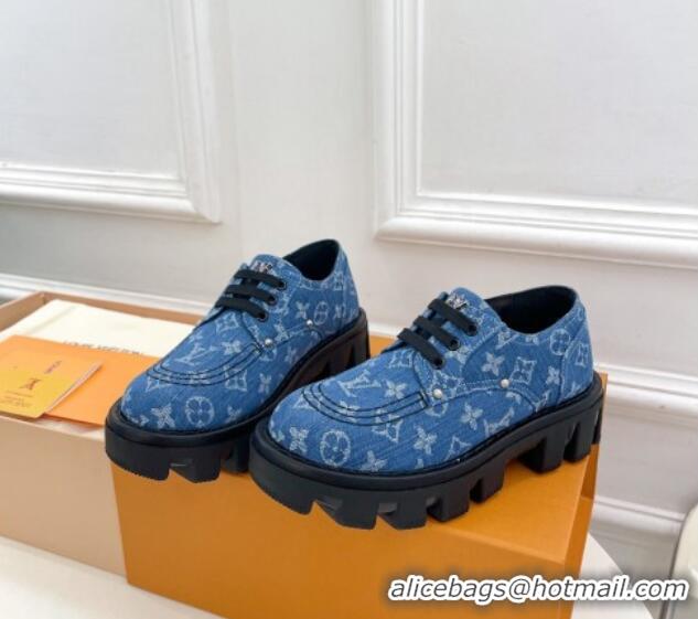 Best Grade Louis Vuitton LV Checker Platform Derby Lace-ups in Blue Monogram Denim 0426140