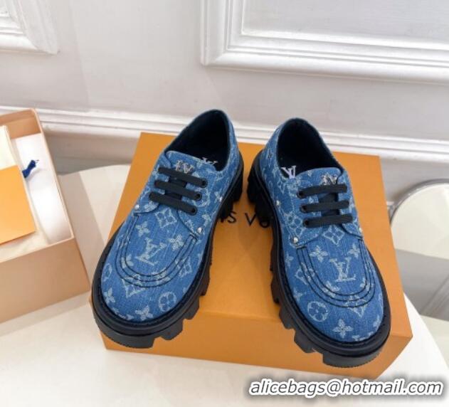 Best Grade Louis Vuitton LV Checker Platform Derby Lace-ups in Blue Monogram Denim 0426140